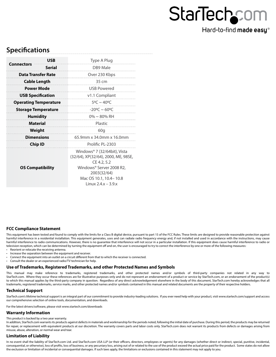 Specifications | StarTech.com ICUSB232 User Manual | Page 2 / 2