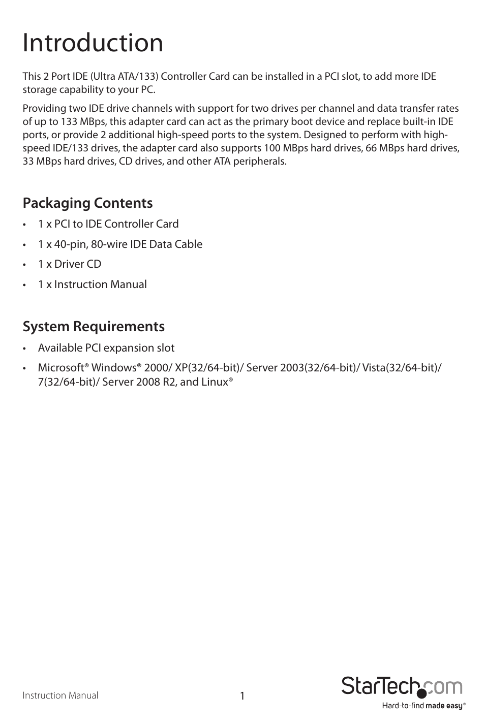 Introduction, Packaging contents, System requirements | StarTech.com PCIIDE2 User Manual | Page 4 / 10