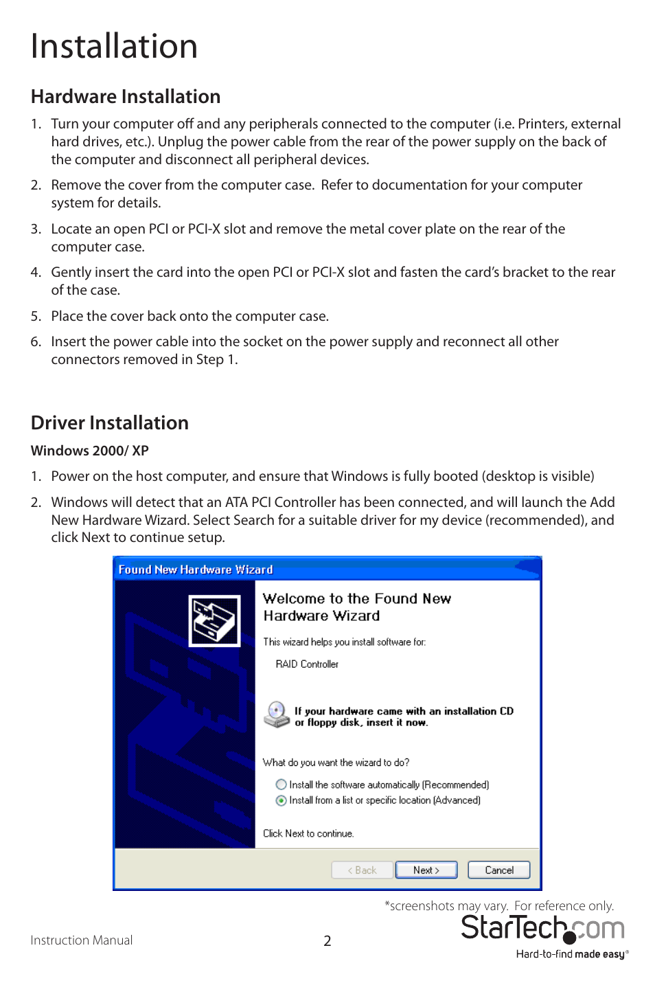 Installation, Hardware installation, Driver installation | StarTech.com PCIIDE2 User Manual | Page 5 / 10