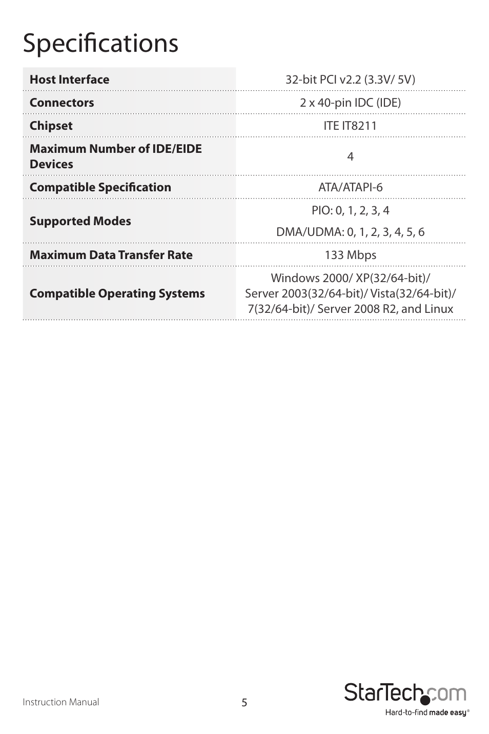 Specifications | StarTech.com PCIIDE2 User Manual | Page 8 / 10