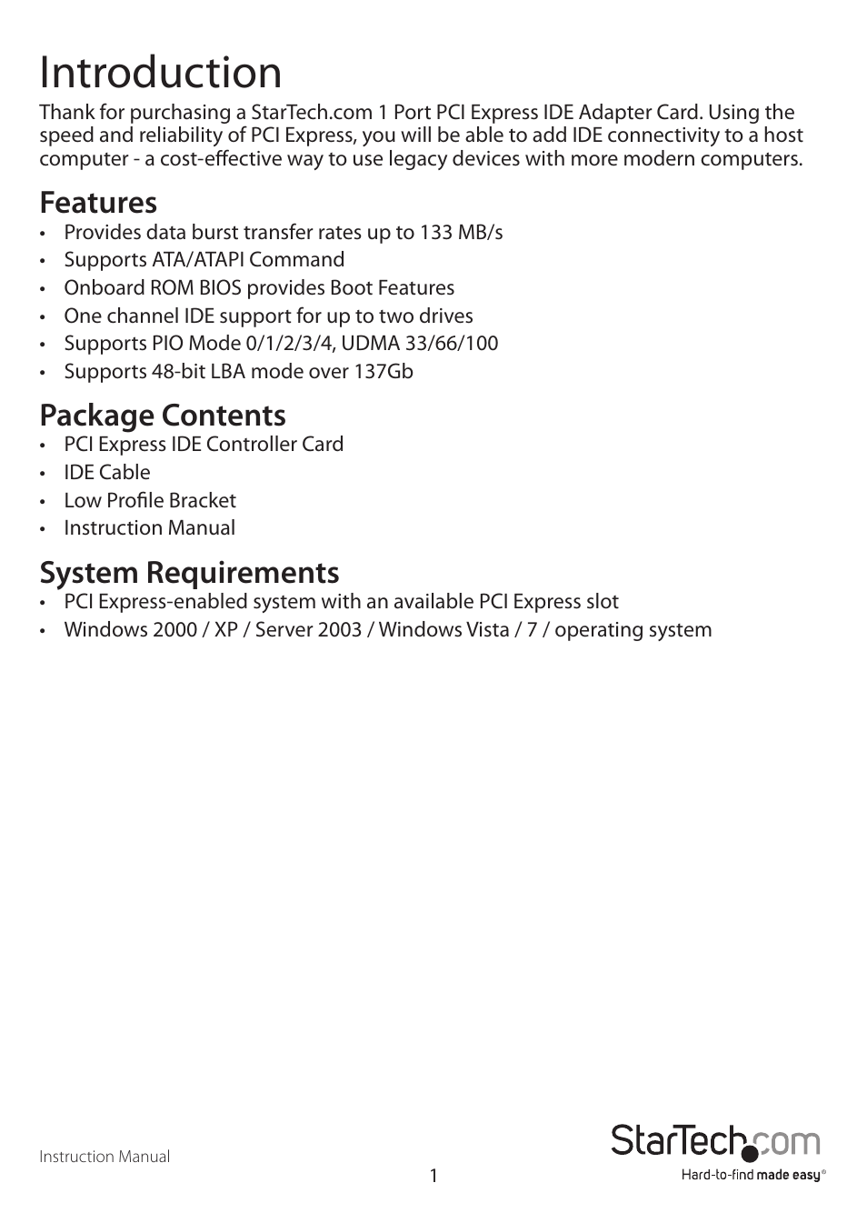 Introduction, Features, Package contents | System requirements | StarTech.com PEX2IDE User Manual | Page 4 / 9