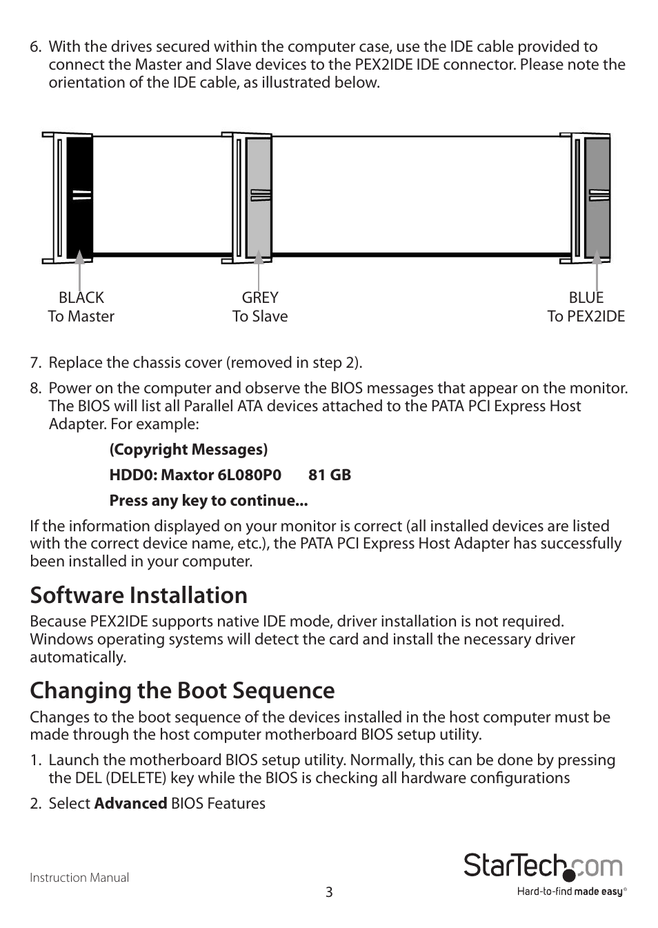 Software installation, Changing the boot sequence | StarTech.com PEX2IDE User Manual | Page 6 / 9