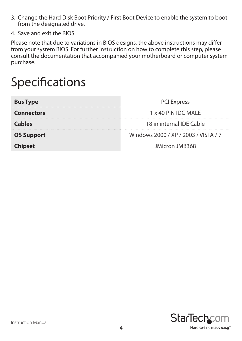 Specifications | StarTech.com PEX2IDE User Manual | Page 7 / 9