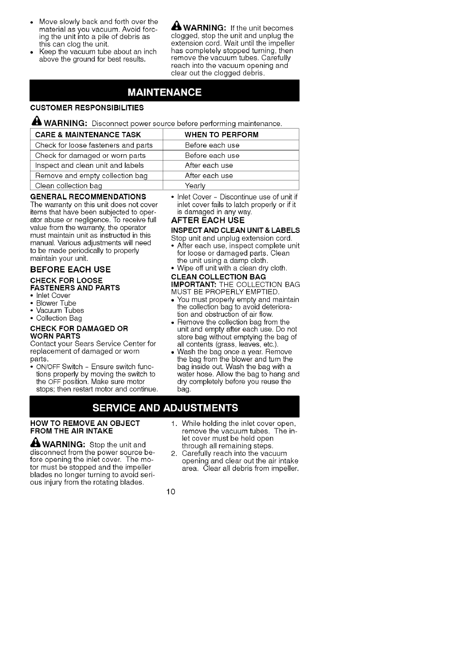 Maintenance, Service and adjustments | Craftsman 358.748260 User Manual | Page 10 / 23