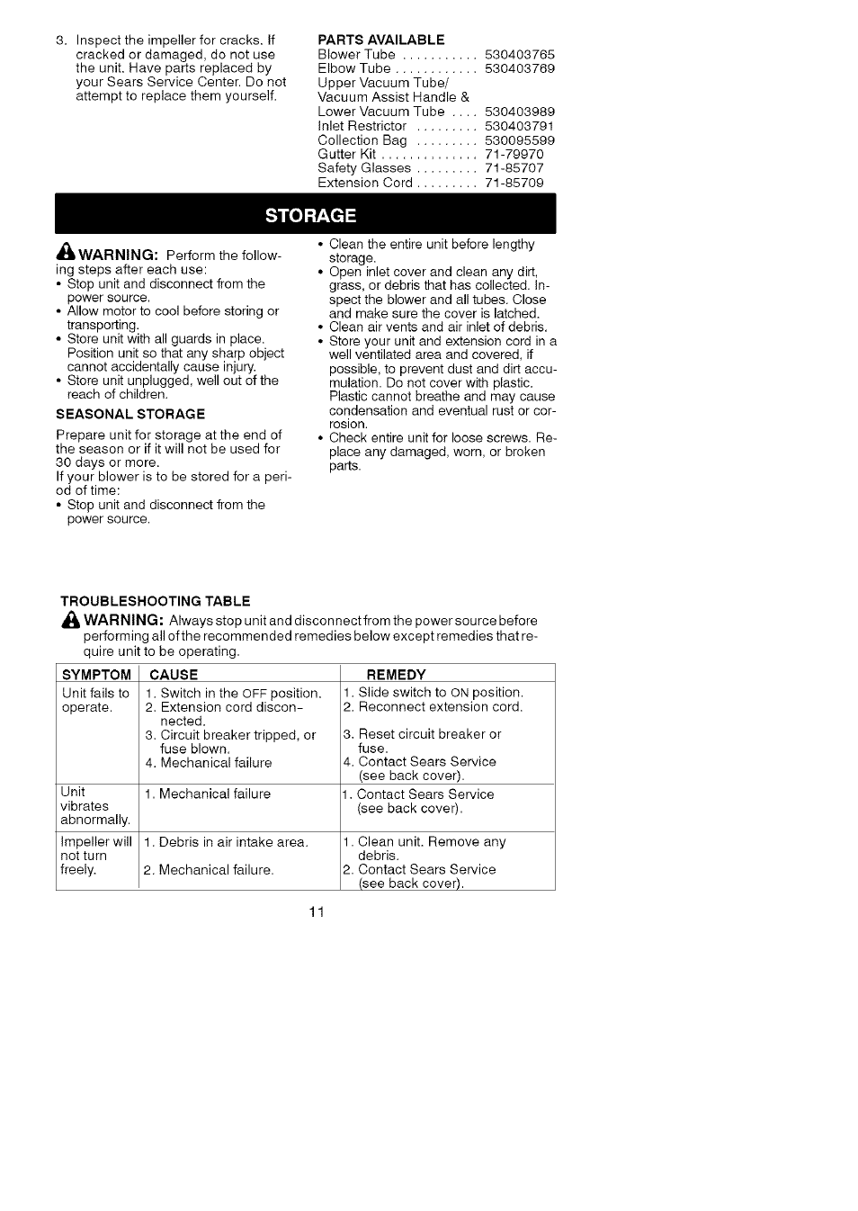 Storage | Craftsman 358.748260 User Manual | Page 11 / 23