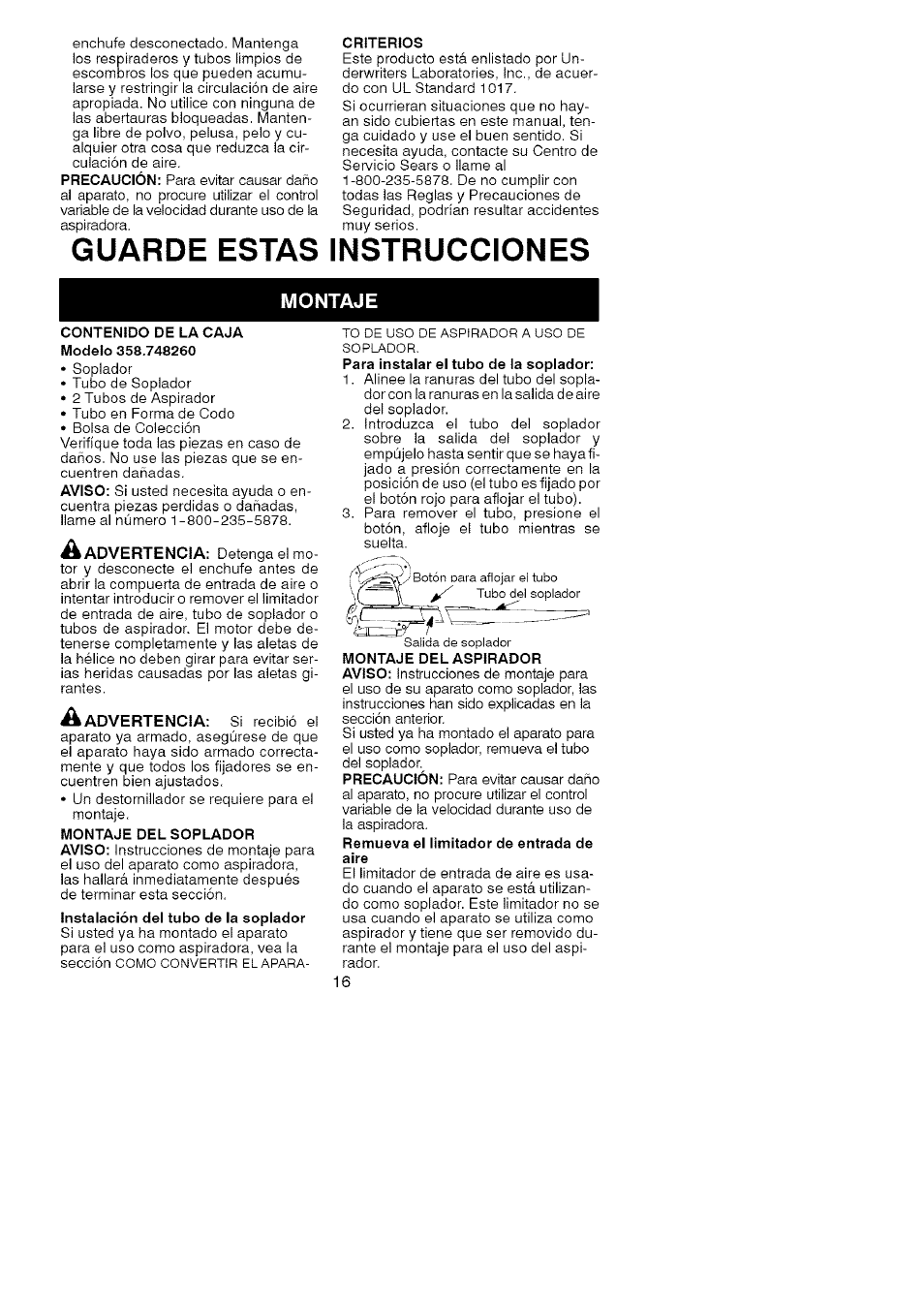 Guarde estas, Instrucciones, Montaje | Craftsman 358.748260 User Manual | Page 16 / 23