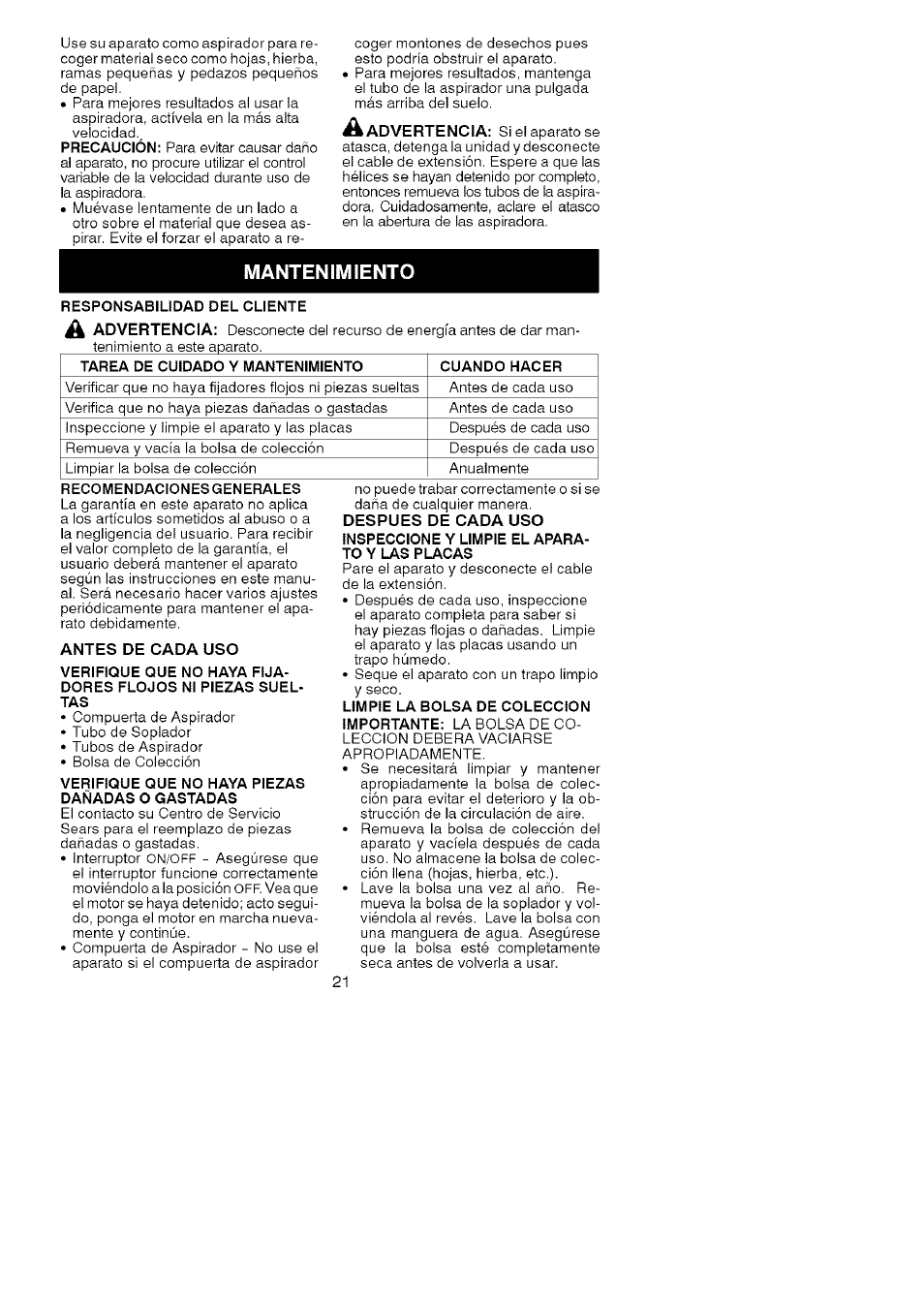 Mantenimiento | Craftsman 358.748260 User Manual | Page 21 / 23