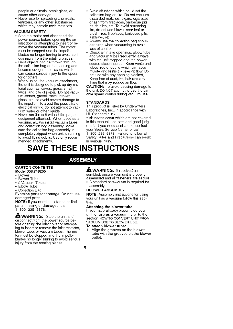 Save these instructions, Assembly | Craftsman 358.748260 User Manual | Page 5 / 23