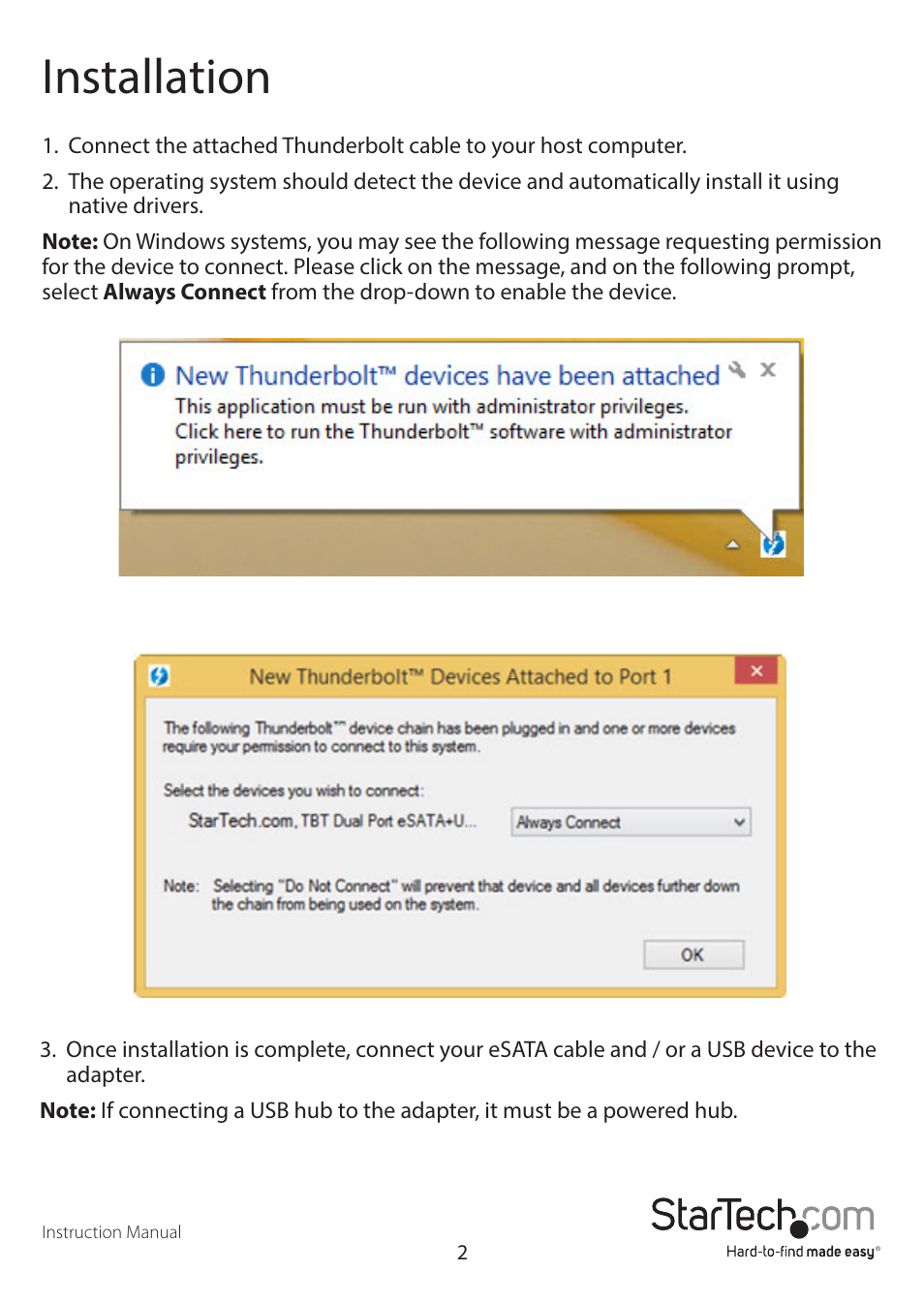 Installation | StarTech.com TB2USB3ES User Manual | Page 5 / 10