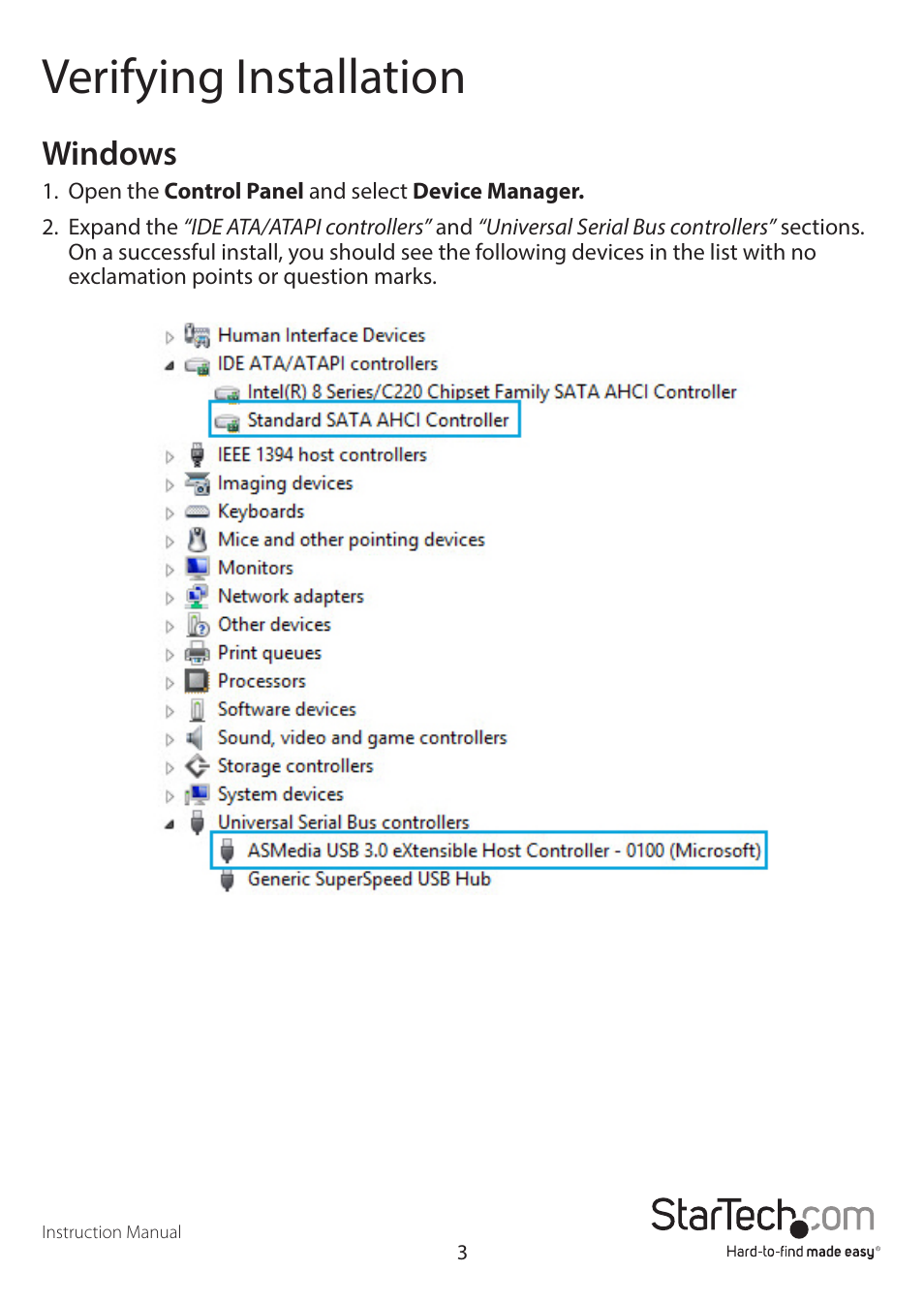 Verifying installation, Windows | StarTech.com TB2USB3ES User Manual | Page 6 / 10