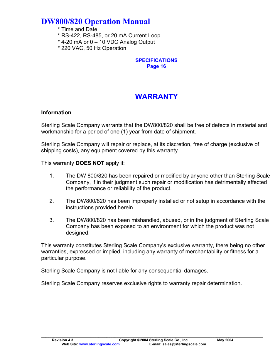 Warranty | Sterling Scale 820 User Manual | Page 19 / 21