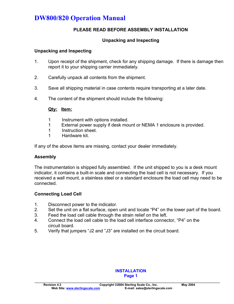 Please read before assembly installation, Unpacking and inspecting, Assembly | Connecting load cell | Sterling Scale 820 User Manual | Page 3 / 21