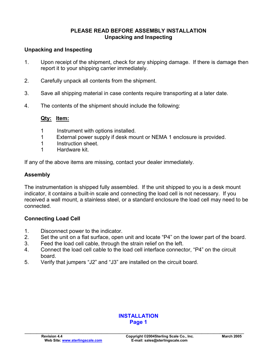 Warrany information, Please read before assembly installation, Unpacking and inspecting | Assembly, Connecting load cell | Sterling Scale 825 User Manual | Page 3 / 31