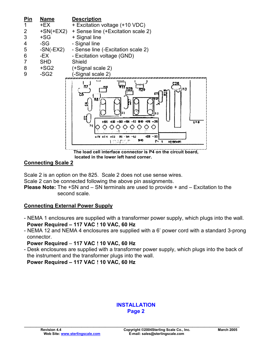 Connecting scale 2, Connecting external power supply, Installation | Sterling Scale 825 User Manual | Page 4 / 31