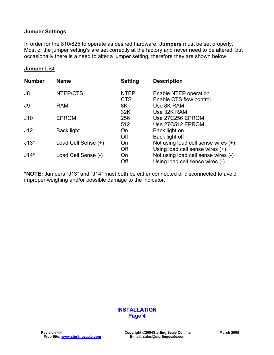 Jumper settings, Jumper list | Sterling Scale 825 User Manual | Page 6 / 31