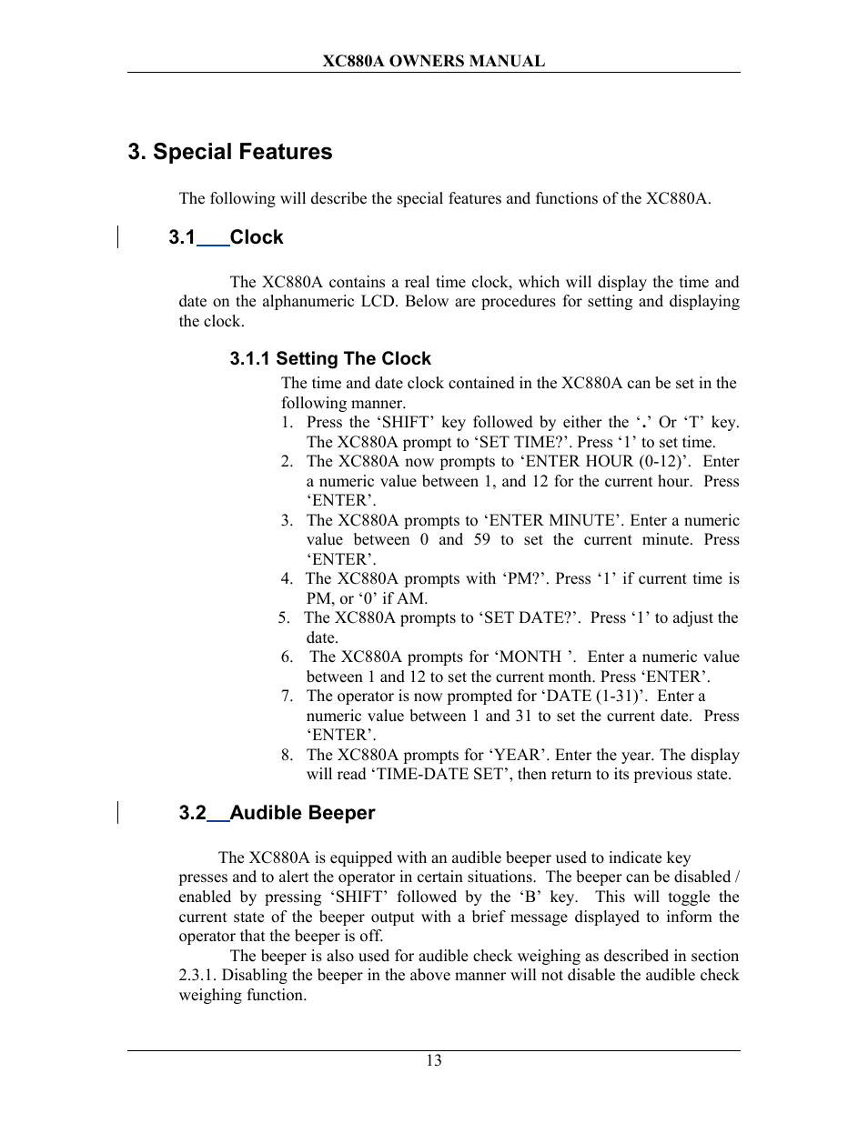 Special features, 1 clock, 1 setting the clock | 2 audible beeper, Lock, Udible, Eeper | Sterling Scale XC880A User Manual | Page 16 / 55