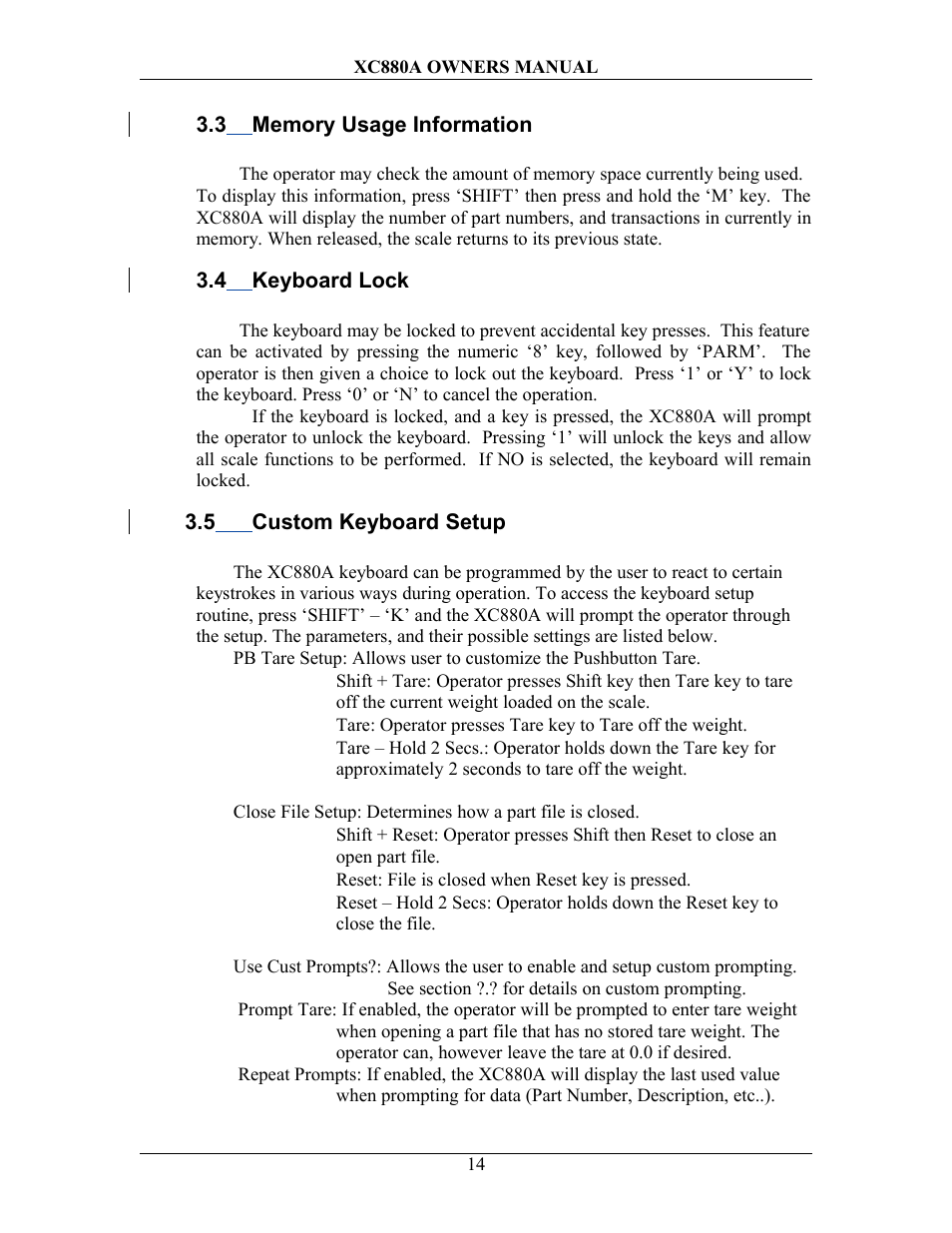3 memory usage information, 4 keyboard lock, 5 custom keyboard setup | Emory, Sage, Nformation, Eyboard, Ustom, Etup | Sterling Scale XC880A User Manual | Page 17 / 55