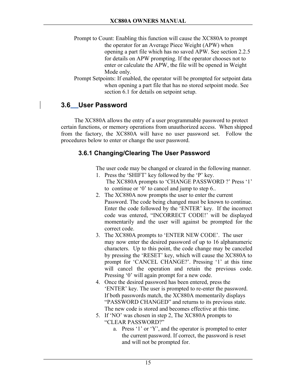 6 user password, 1 changing/clearing the user password, Assword | Sterling Scale XC880A User Manual | Page 18 / 55