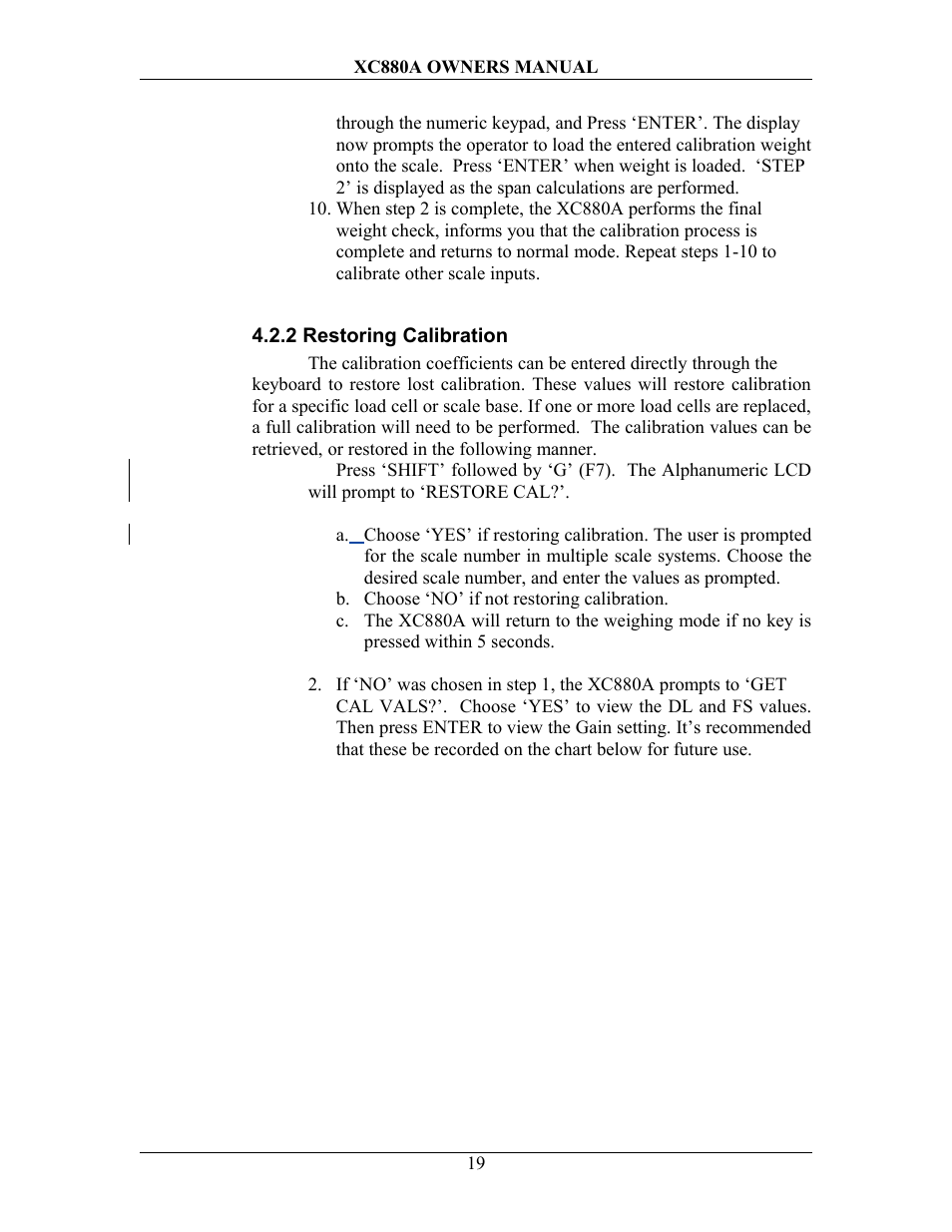 2 restoring calibration | Sterling Scale XC880A User Manual | Page 22 / 55