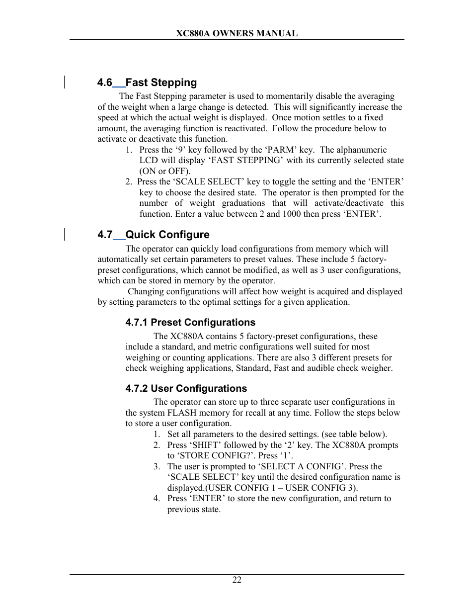 6 fast stepping, 7 quick configure, 1 preset configurations | 2 user configurations, Tepping, Uick, Onfigure | Sterling Scale XC880A User Manual | Page 25 / 55