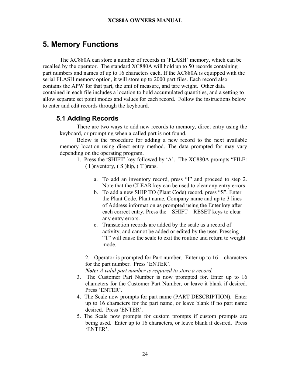 Memory functions, 1 adding records, Dding | Ecords | Sterling Scale XC880A User Manual | Page 27 / 55