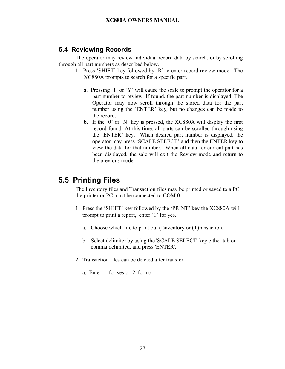 4 reviewing records, 5 printing files, Eviewing | Ecords | Sterling Scale XC880A User Manual | Page 30 / 55