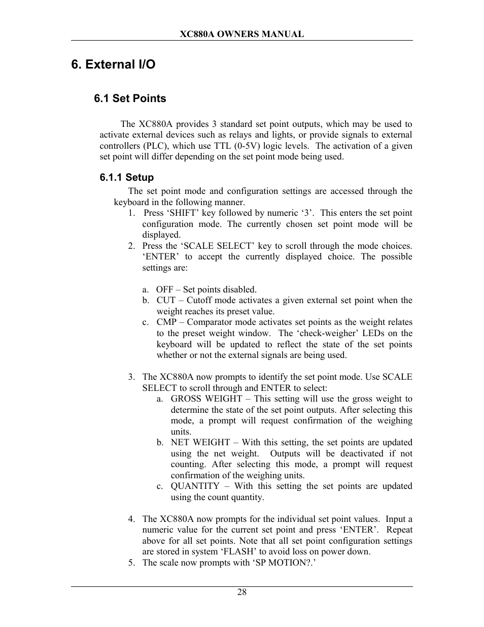 1 set points, 1 setup, Oints | External i/o | Sterling Scale XC880A User Manual | Page 31 / 55