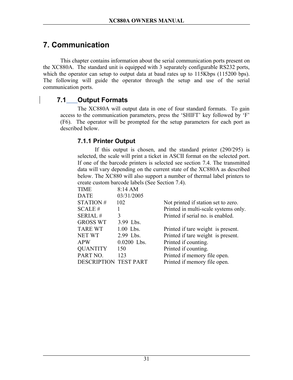 Communication, 1 output formats, 1 printer output | Utput, Ormats | Sterling Scale XC880A User Manual | Page 34 / 55