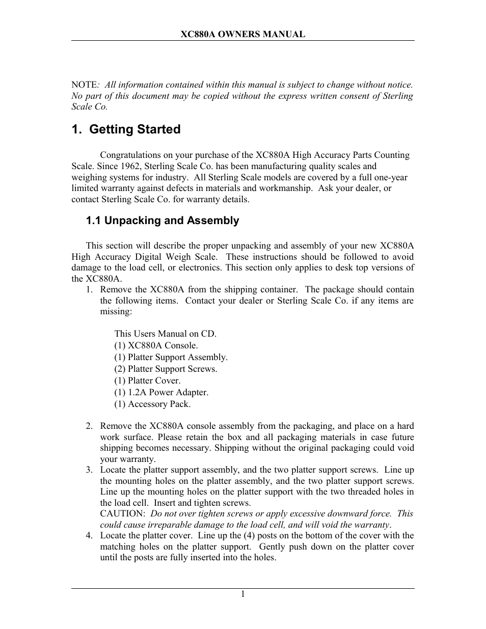 Getting started, 1 unpacking and assembly, Npacking | Ssembly | Sterling Scale XC880A User Manual | Page 4 / 55