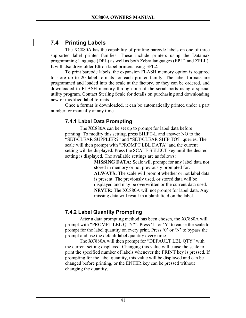 4 printing labels, 1 label data prompting, 2 label quantity prompting | Rinting, Abels | Sterling Scale XC880A User Manual | Page 44 / 55