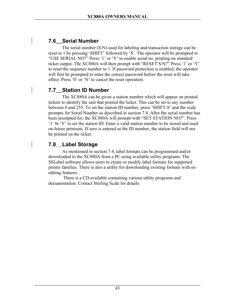 6 serial number, 7 station id number, 8 label storage | Erial, Umber, Tation, Id n, Abel, Torage | Sterling Scale XC880A User Manual | Page 46 / 55