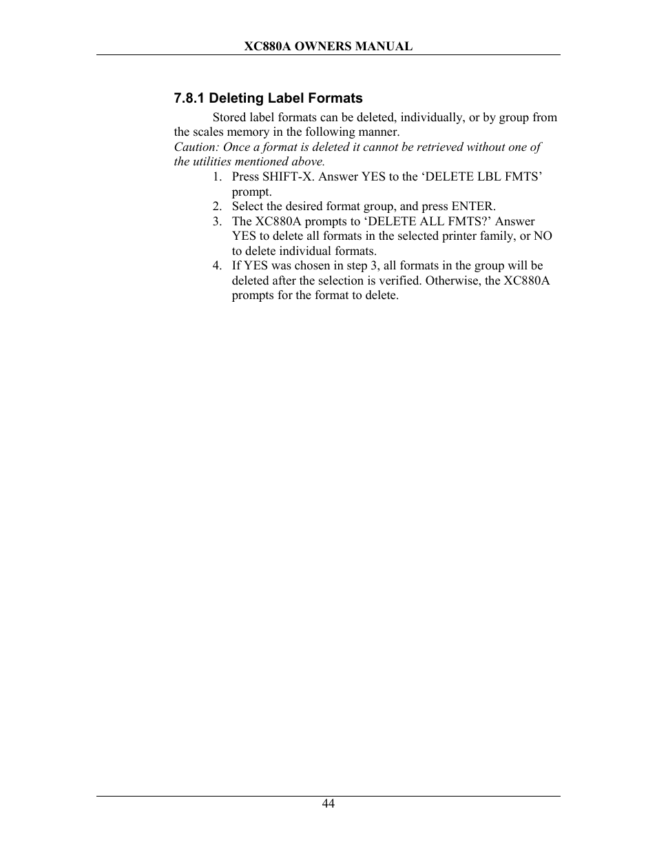 1 deleting label formats | Sterling Scale XC880A User Manual | Page 47 / 55