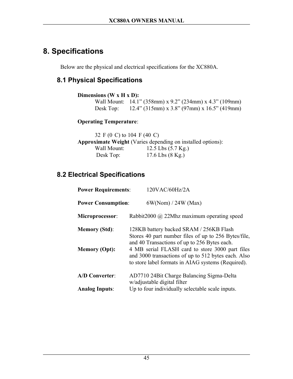 Specifications, 1 physical specifications, 2 electrical specifications | Hysical, Pecifications, Lectrical | Sterling Scale XC880A User Manual | Page 48 / 55