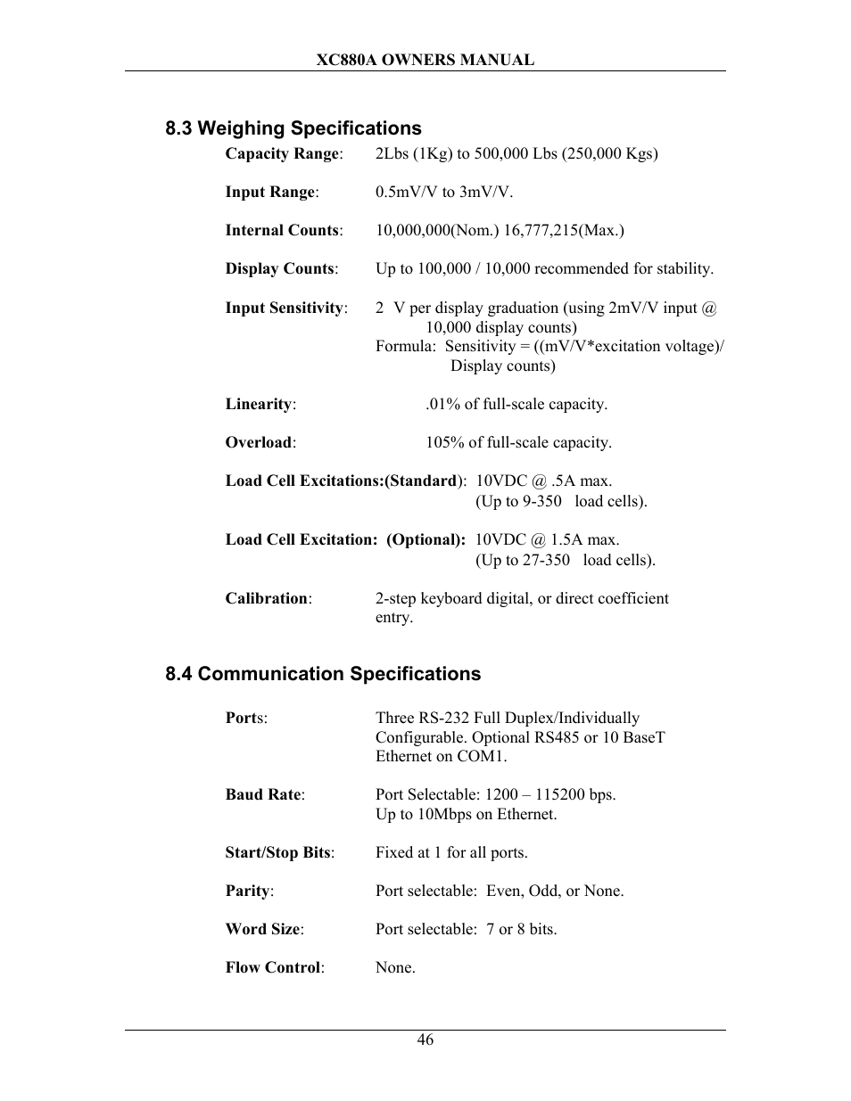 3 weighing specifications, 4 communication specifications, Eighing | Pecifications, Ommunication | Sterling Scale XC880A User Manual | Page 49 / 55
