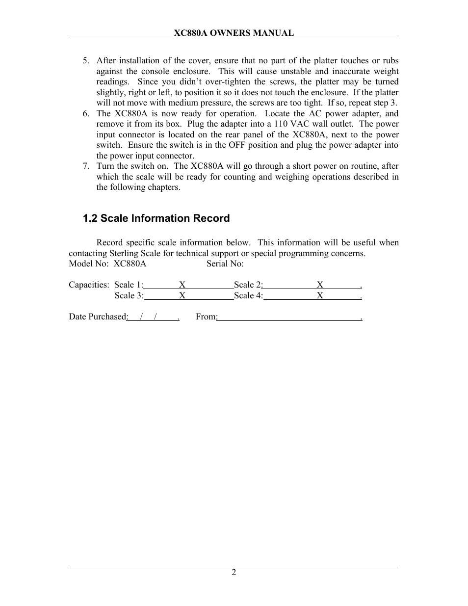 2 scale information record, Cale, Nformation | Ecord | Sterling Scale XC880A User Manual | Page 5 / 55