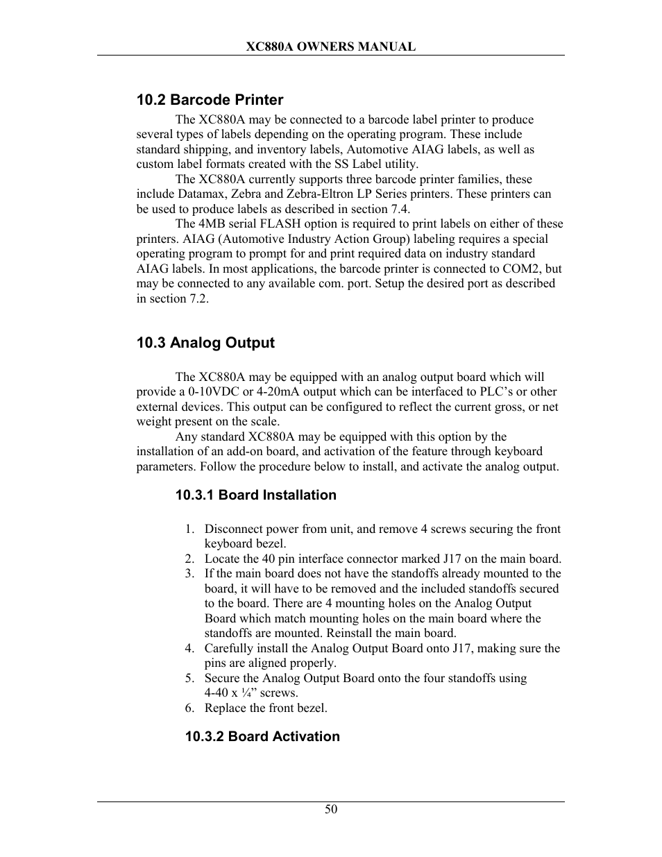 2 barcode printer, 3 analog output, 1 board installation | 2 board activation, Arcode, Rinter, Nalog, Utput | Sterling Scale XC880A User Manual | Page 53 / 55