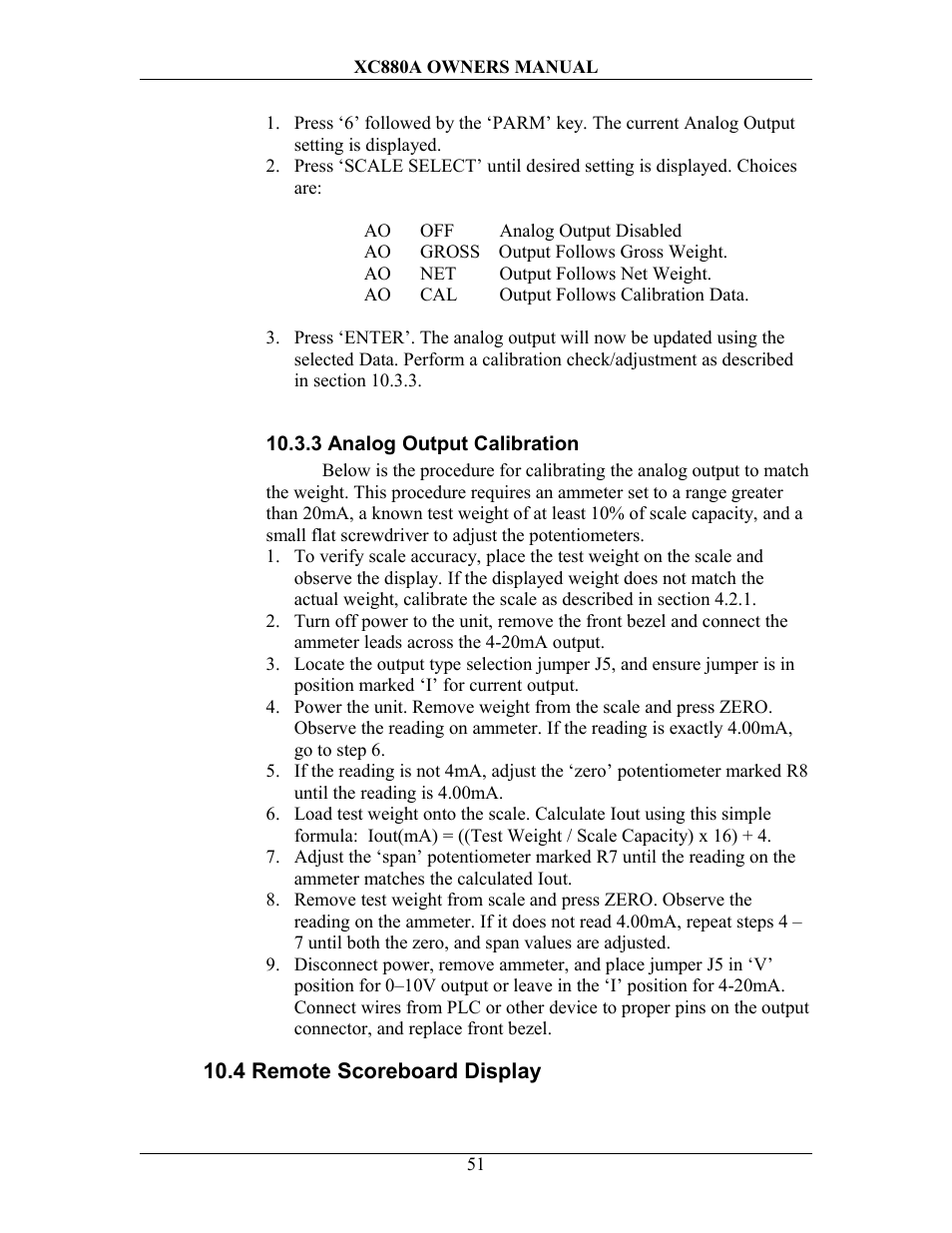 3 analog output calibration, 4 remote scoreboard display, Emote | Coreboard, Isplay | Sterling Scale XC880A User Manual | Page 54 / 55