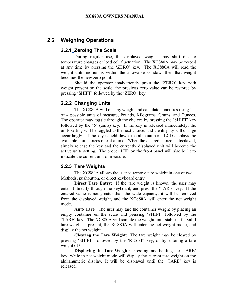 2 weighing operations, 1 zeroing the scale, 2 changing units | 3 tare weights, Eighing, Perations | Sterling Scale XC880A User Manual | Page 7 / 55