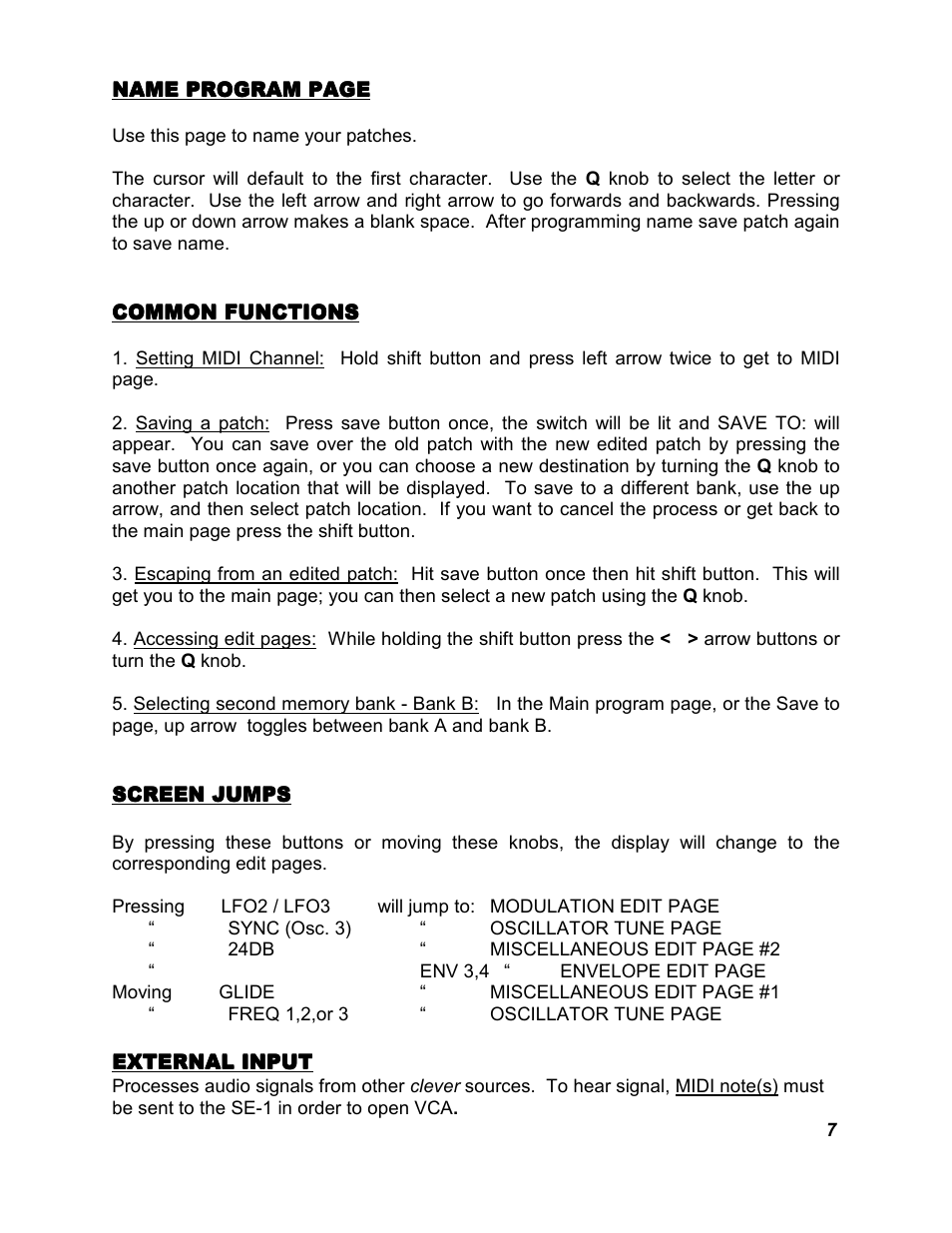 Common functions, Screen jumps, External input | Studio Electronics SE-1X User Manual | Page 11 / 19