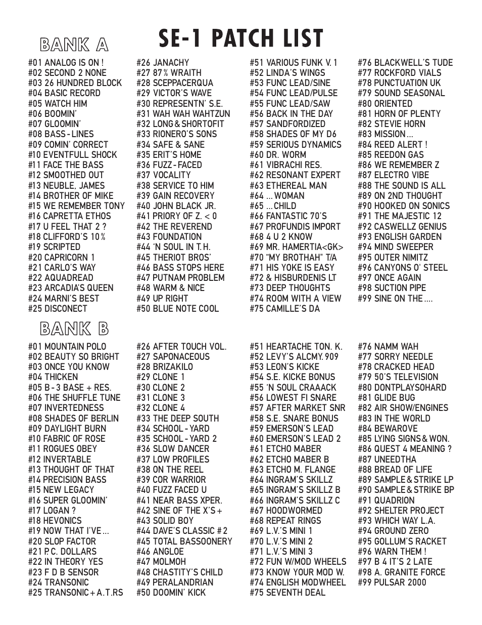 Banks: se-1 patch list, Bank a & b patch lists (bank “1” & “2” x model) | Studio Electronics SE-1X User Manual | Page 13 / 19