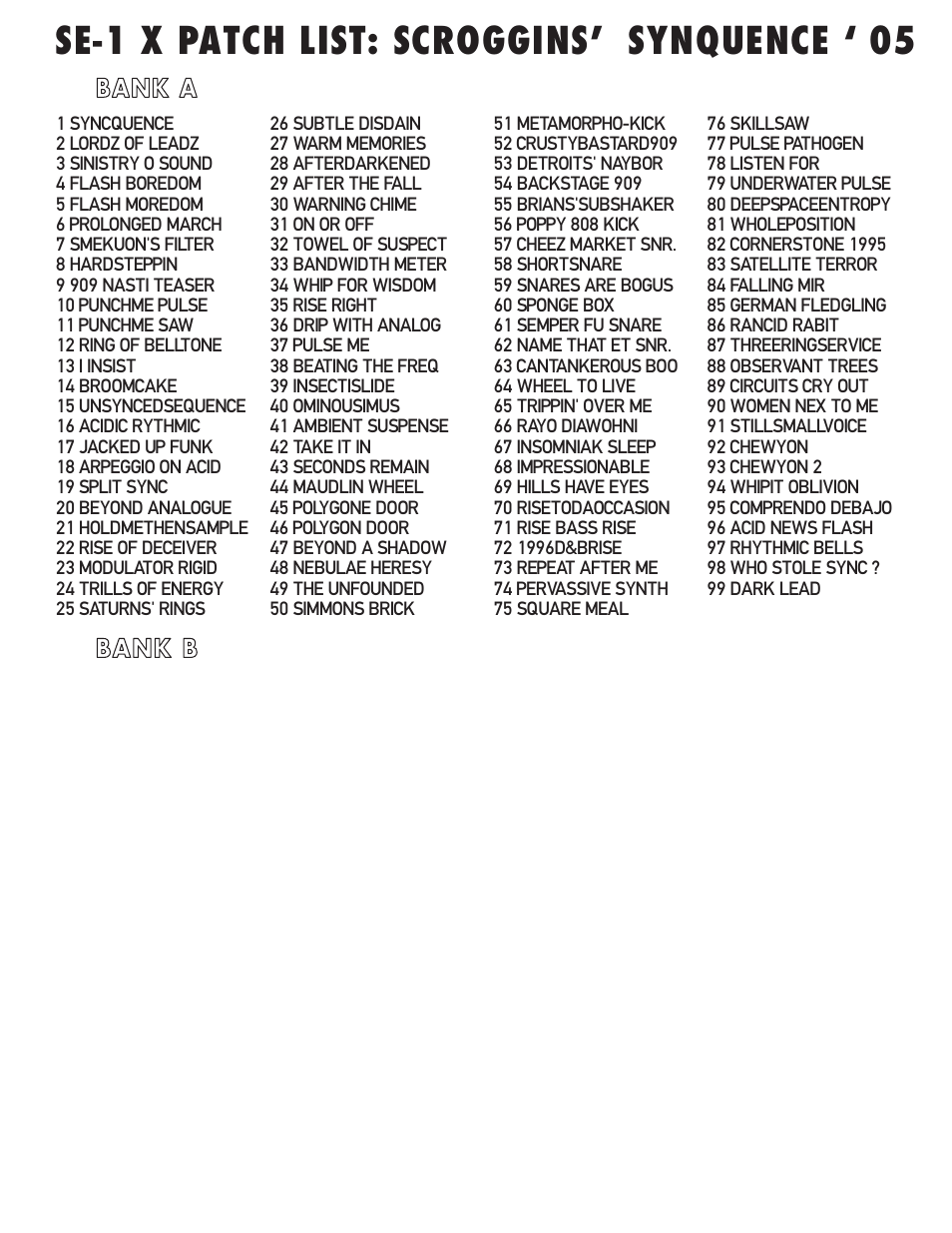 Banks: scroggins' synquence '05, Se-1 x patch list: scroggins’ synquence ‘05 | Studio Electronics SE-1X User Manual | Page 15 / 19