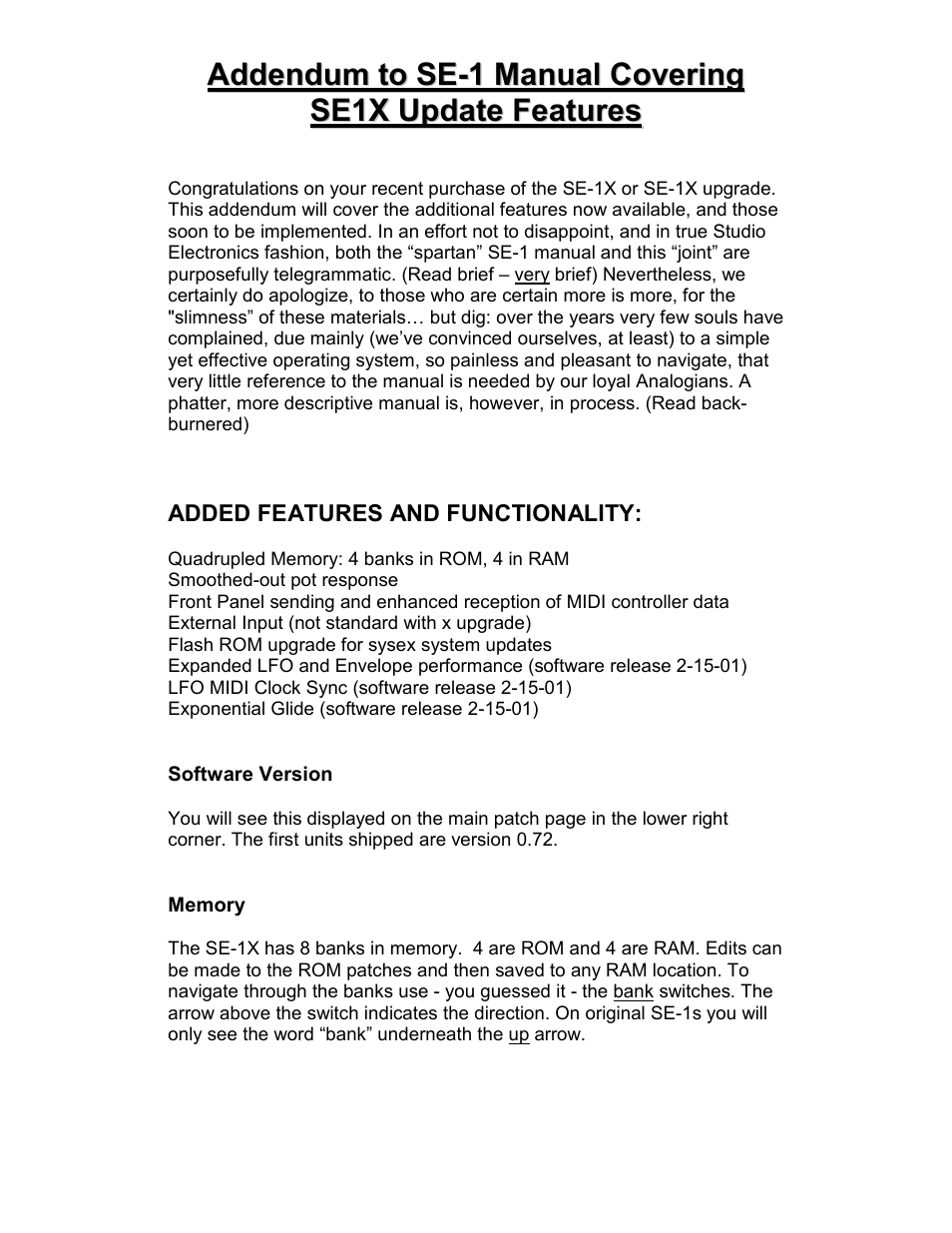 Addendum & updates, X model addendum | Studio Electronics SE-1X User Manual | Page 16 / 19