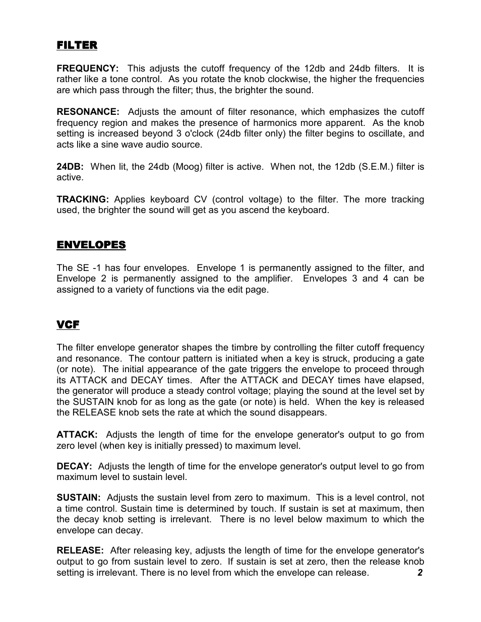 Filter, Envelopes / vcf | Studio Electronics SE-1X User Manual | Page 6 / 19