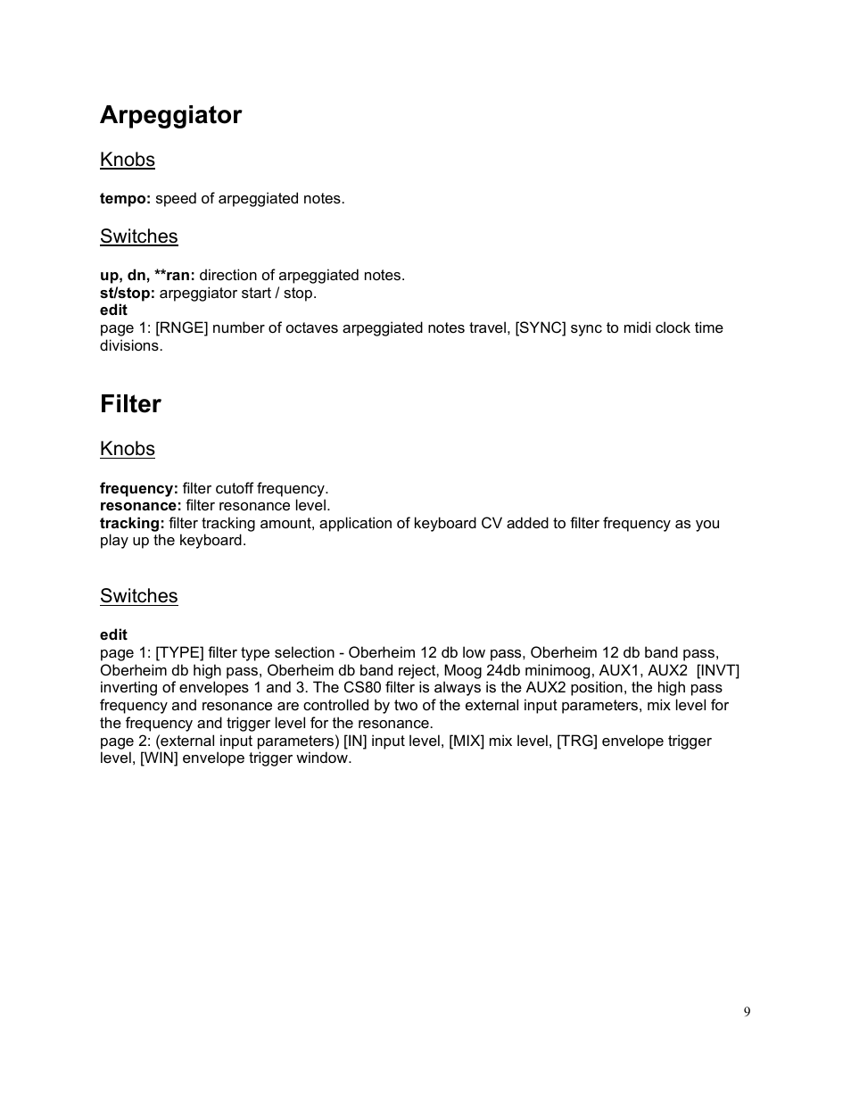 Arpeggiator, Filter | Studio Electronics Omega 8 User Manual | Page 10 / 13