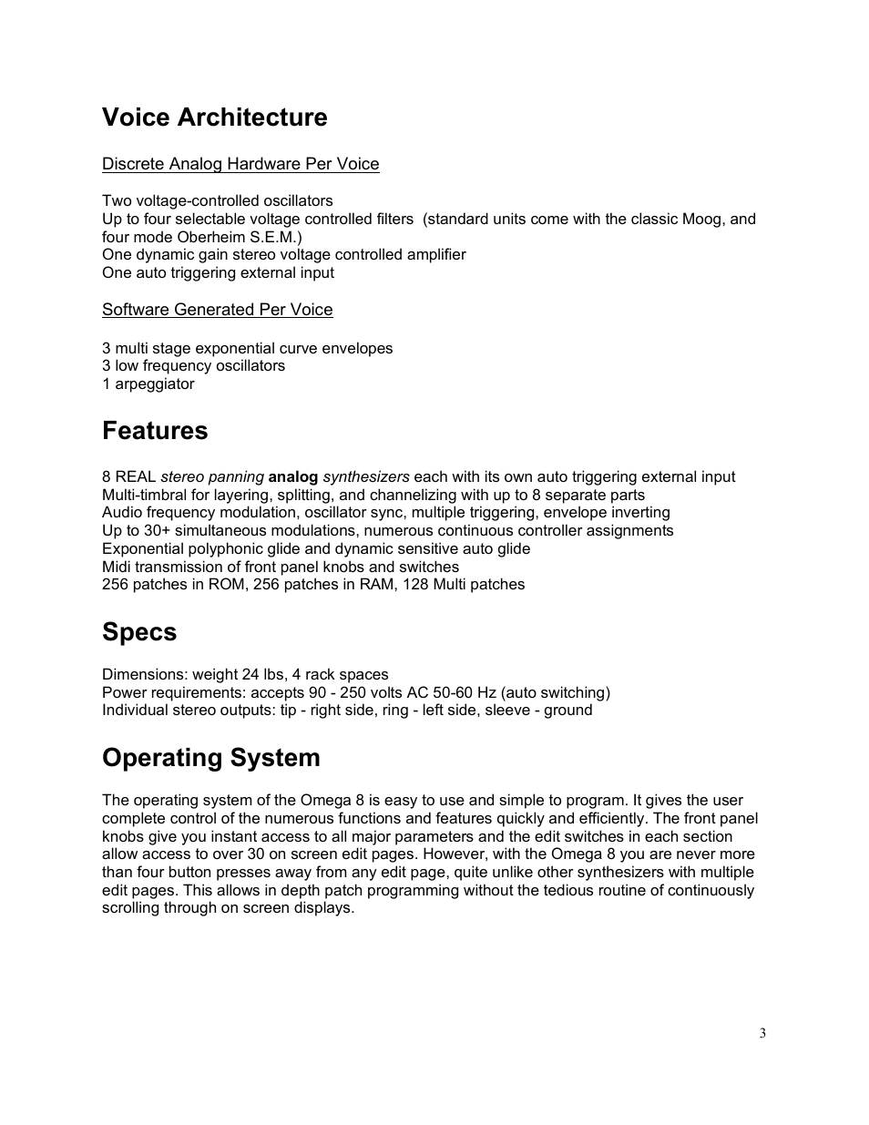 Voice architecture, Features and specs, Features | Specs, Operating system | Studio Electronics Omega 8 User Manual | Page 4 / 13