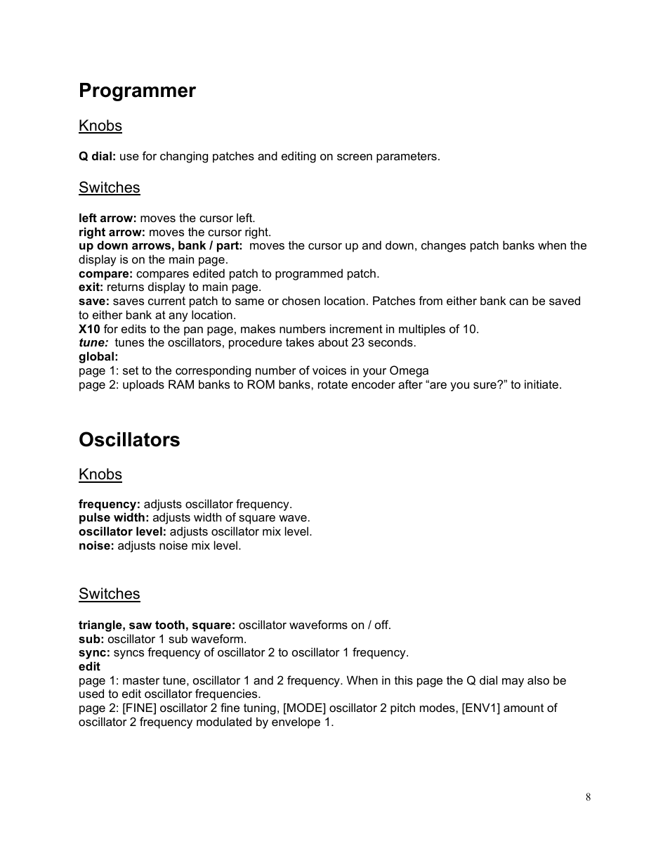 Programmer, Oscillators | Studio Electronics Omega 8 User Manual | Page 9 / 13