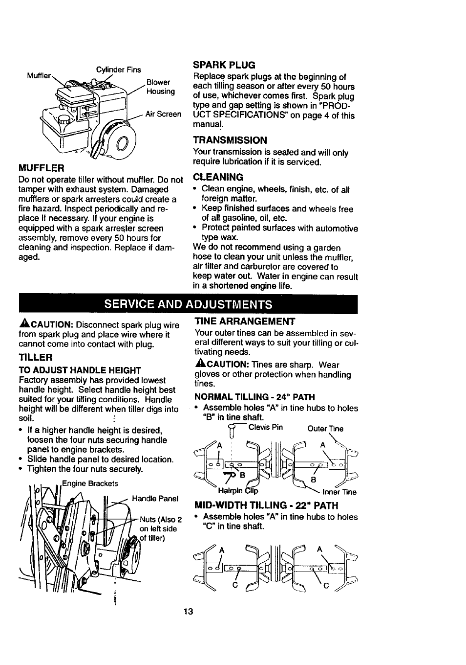Spark plug, Transmission, Cleaning | Service and adjustments, Tiller, Tine arrangement | Craftsman 917.292390 User Manual | Page 13 / 18