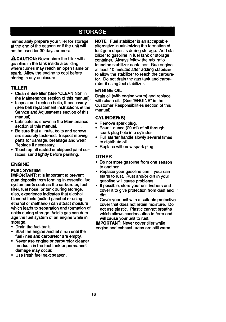 Storage, Tiller, Engine | Fuel system, Engine oil, Cylinder(s), Other | Craftsman 917.292390 User Manual | Page 16 / 18