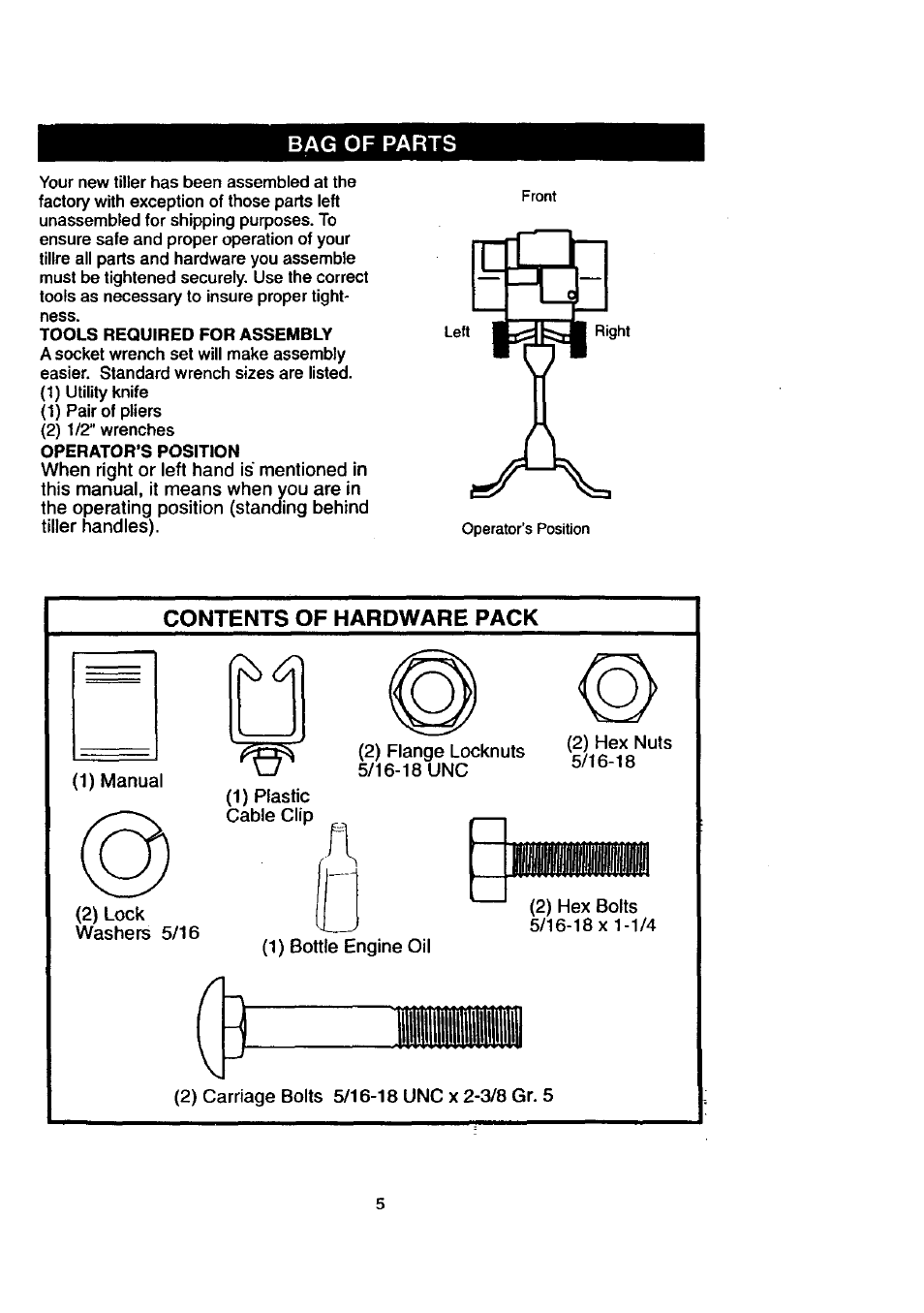 Bag of parts, Tools required for assembly, Contents of hardware pack | Craftsman 917.292390 User Manual | Page 5 / 18