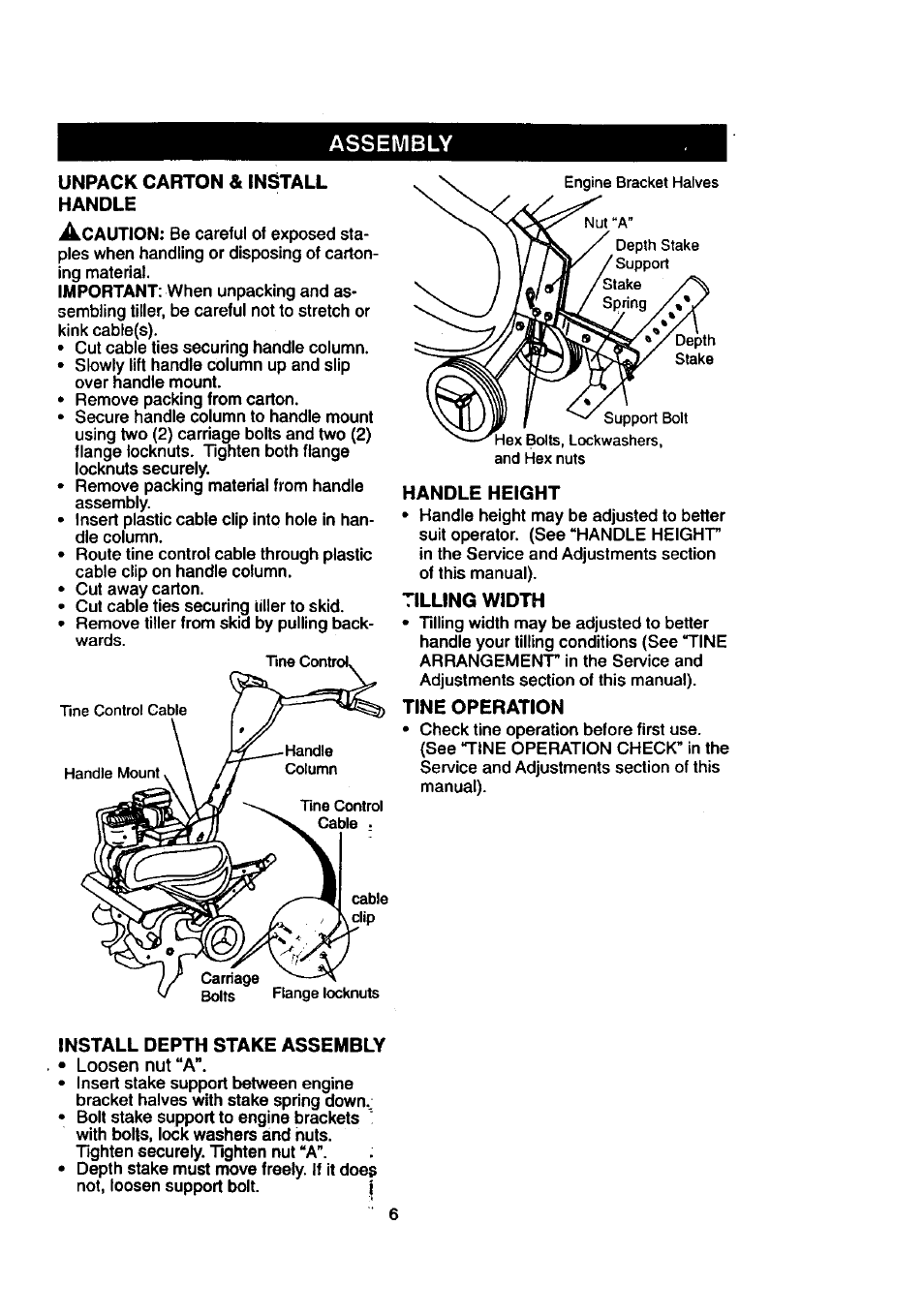 Assembly, Unpack carton & install handle, Handle height | Tilling width, Tine operation, Install depth stake assembly | Craftsman 917.292390 User Manual | Page 6 / 18